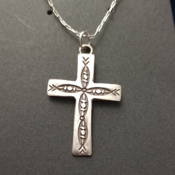Sterling Silver Stamped Cross Pendant Necklace Signed - Picture 1 of 8